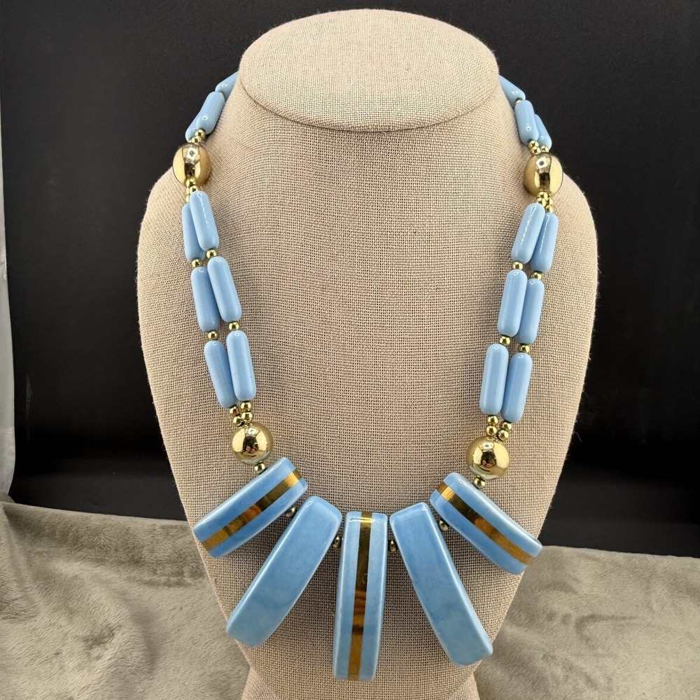 Vintage Estate Statement Necklace Light Blue Beaded Acrylic Ceramic 24in